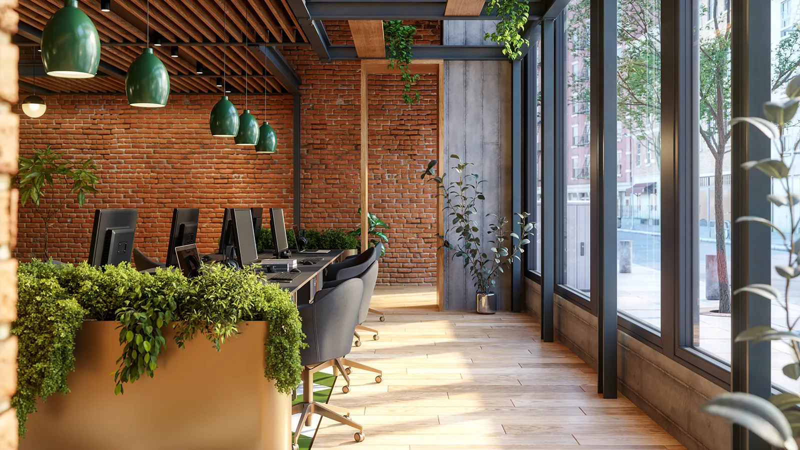 Modern office space featuring interior design and ai integration with lush greenery and digital monitoring systems.
