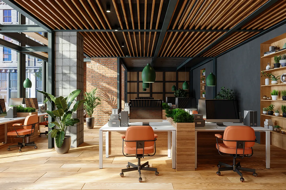 A Class A Chicago office space utilizing the benefits of indoor plants to combat winter blues with vibrant potted plants.