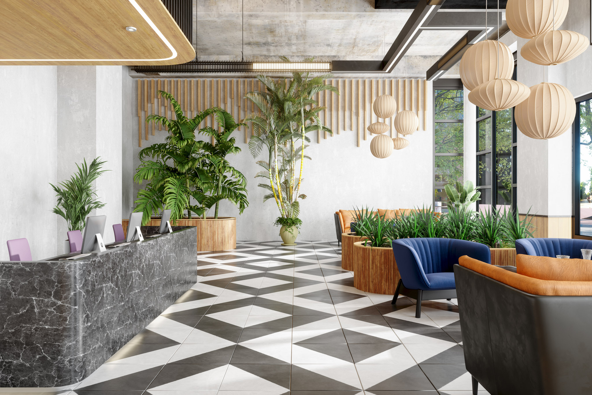 A spacious, modern office lobby featuring office plants installed by a professional plant service company.