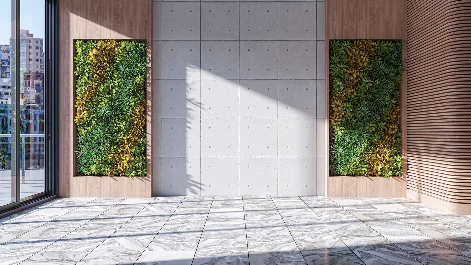 Large living wall in a corporate lobby demonstrating tech-driven plant design and ai in interior design.