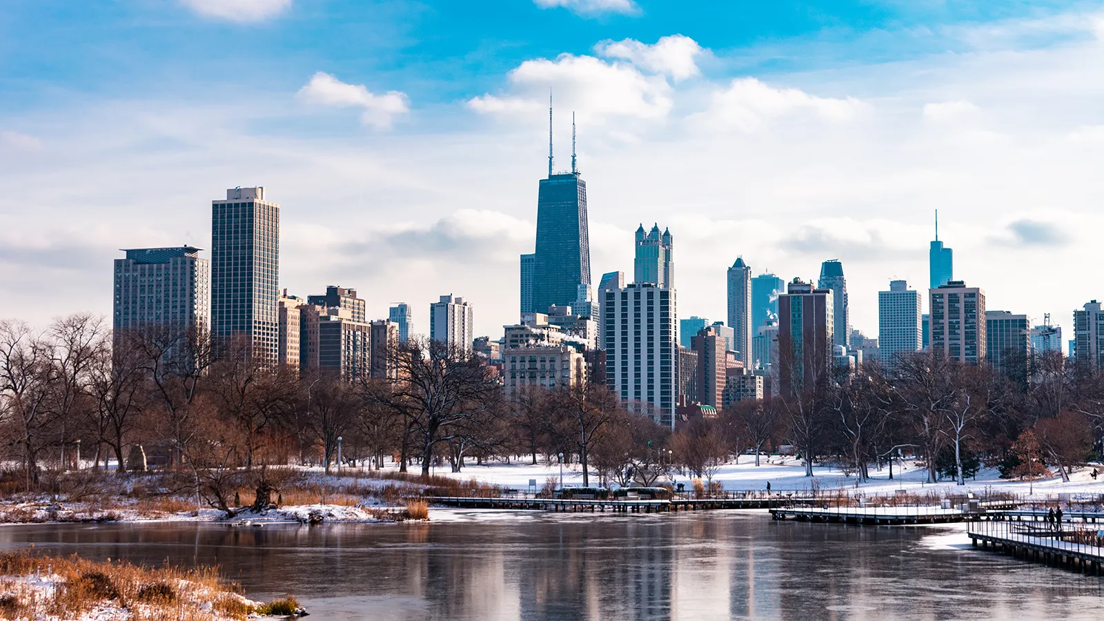 Chicago Skyline viewed from South Pond in Lincoln Park Chicago