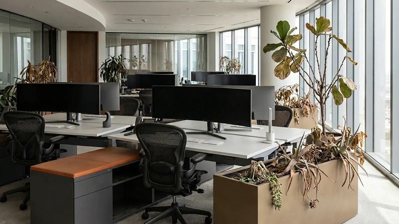 A contemporary open-plan office workspace where sleek, modern furniture and high-tech equipment are visually undermined by tired, sparse interior landscaping that dates the environment.