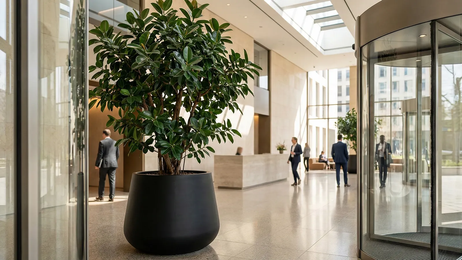 Large, healthy Ficus tree in a matte black architectural planter near the revolving doors of a sunlit Chicago commercial lobby.