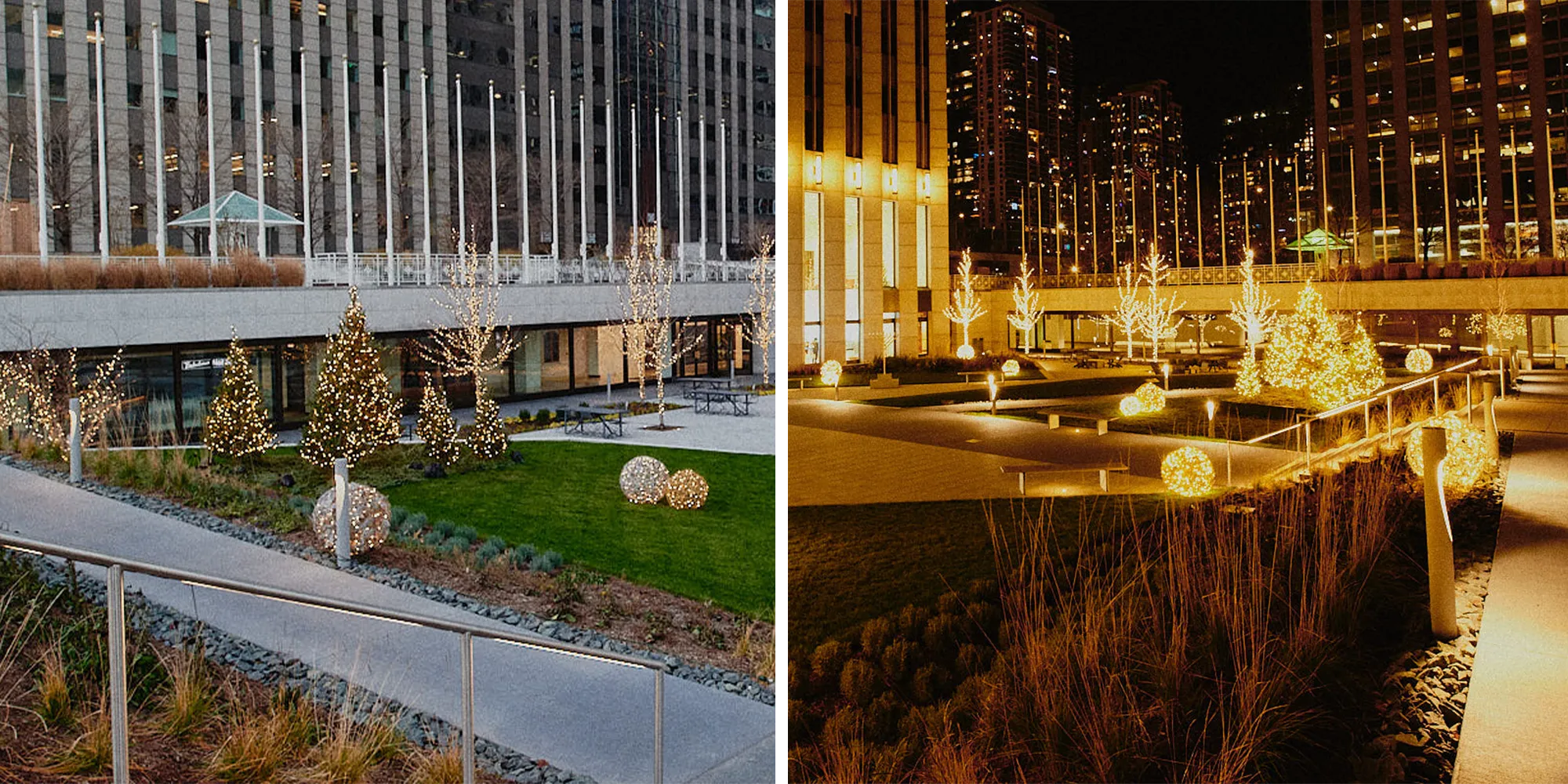 Illuminated exterior holiday plants lining a commercial walkway for safety and aesthetics. Day (left), and night (right).