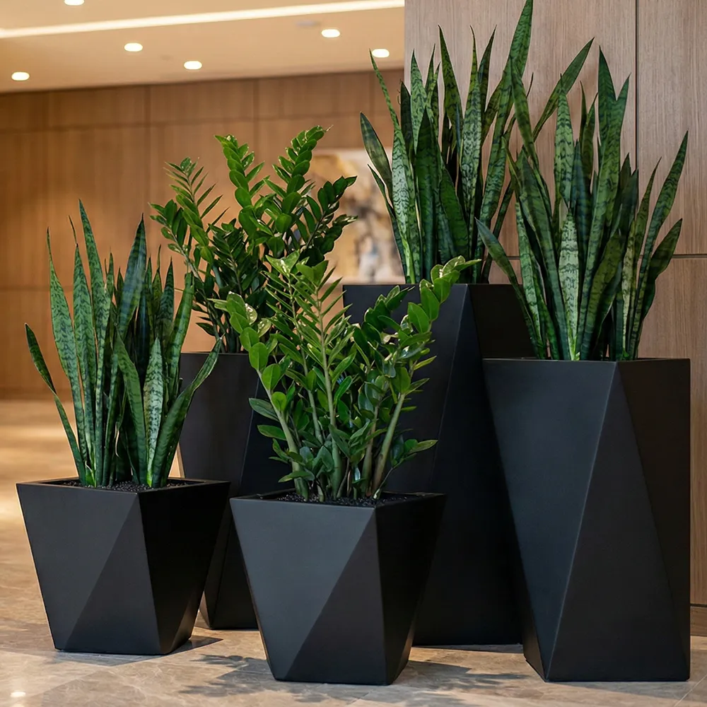 Modern commercial elevator bank in a Chicago building featuring sleek stone walls and large, modern planters with architectural snake plants (Sansevieria).