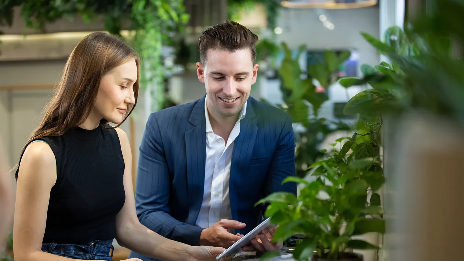 Business professionals collaborating in a modern workspace surrounded by greenery provided by a top-tier plant care service.