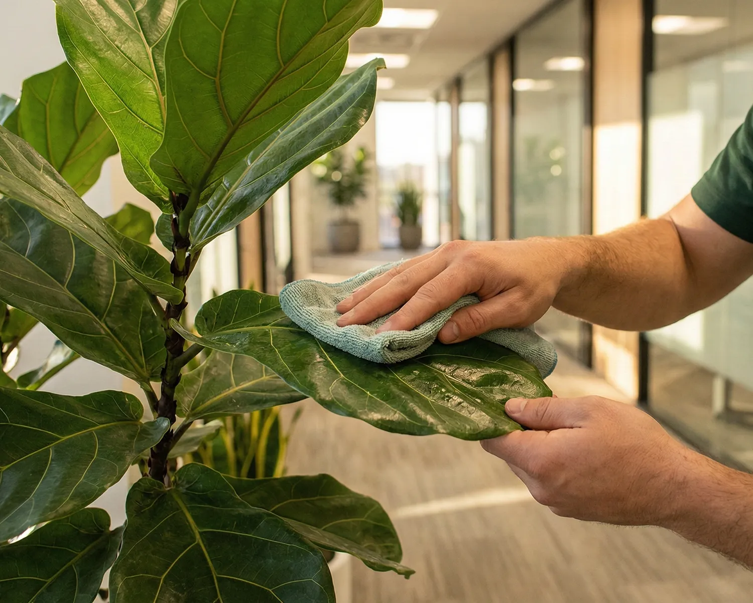 Hands of a professional plant technician carefully pruning and dusting a large office plant, wearing a uniform, representing proactive maintenance.