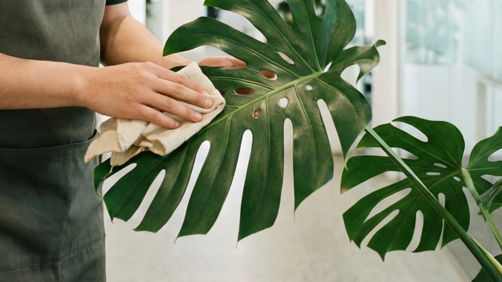 Professional interior landscaping technician performing detailed plant maintenance in a corporate setting.