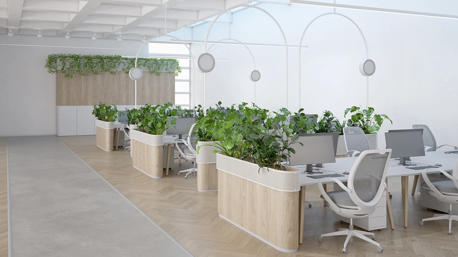 Trough planters acting as room dividers for modern interior design with plants.