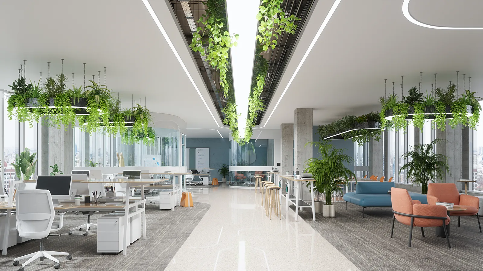 Lush suspended botanical installations hanging from an industrial ceiling, acting as a visual room divider in a Chicago biophilic design project.