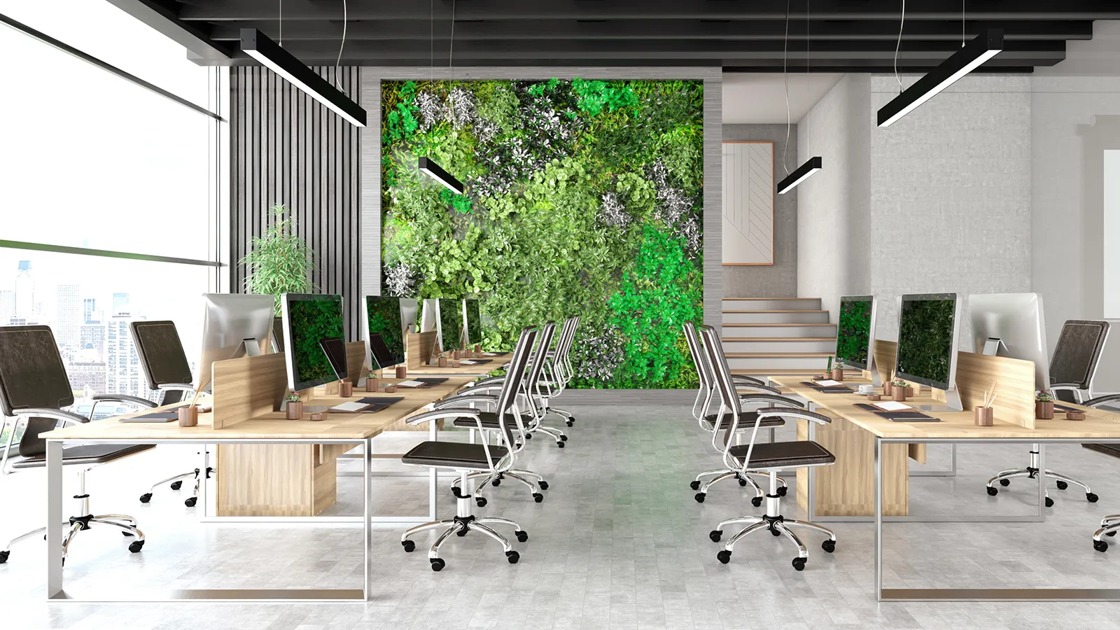 A lush green wall in a commercial office building.