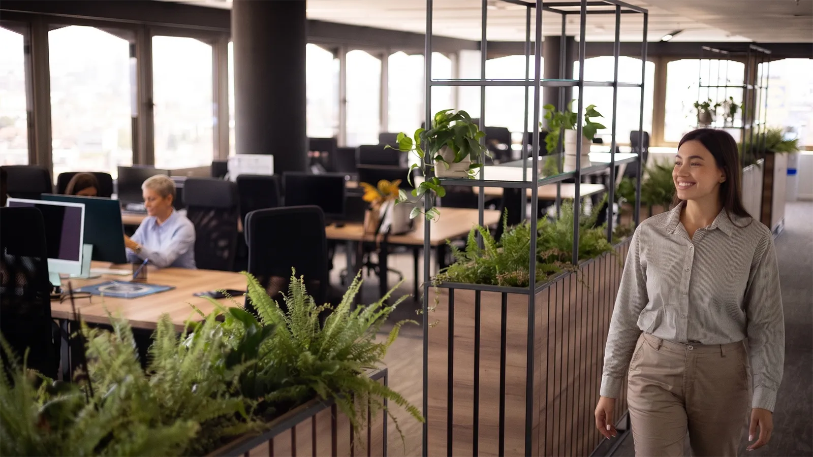 Thriving corporate workspace maintained by a professional office plant service.