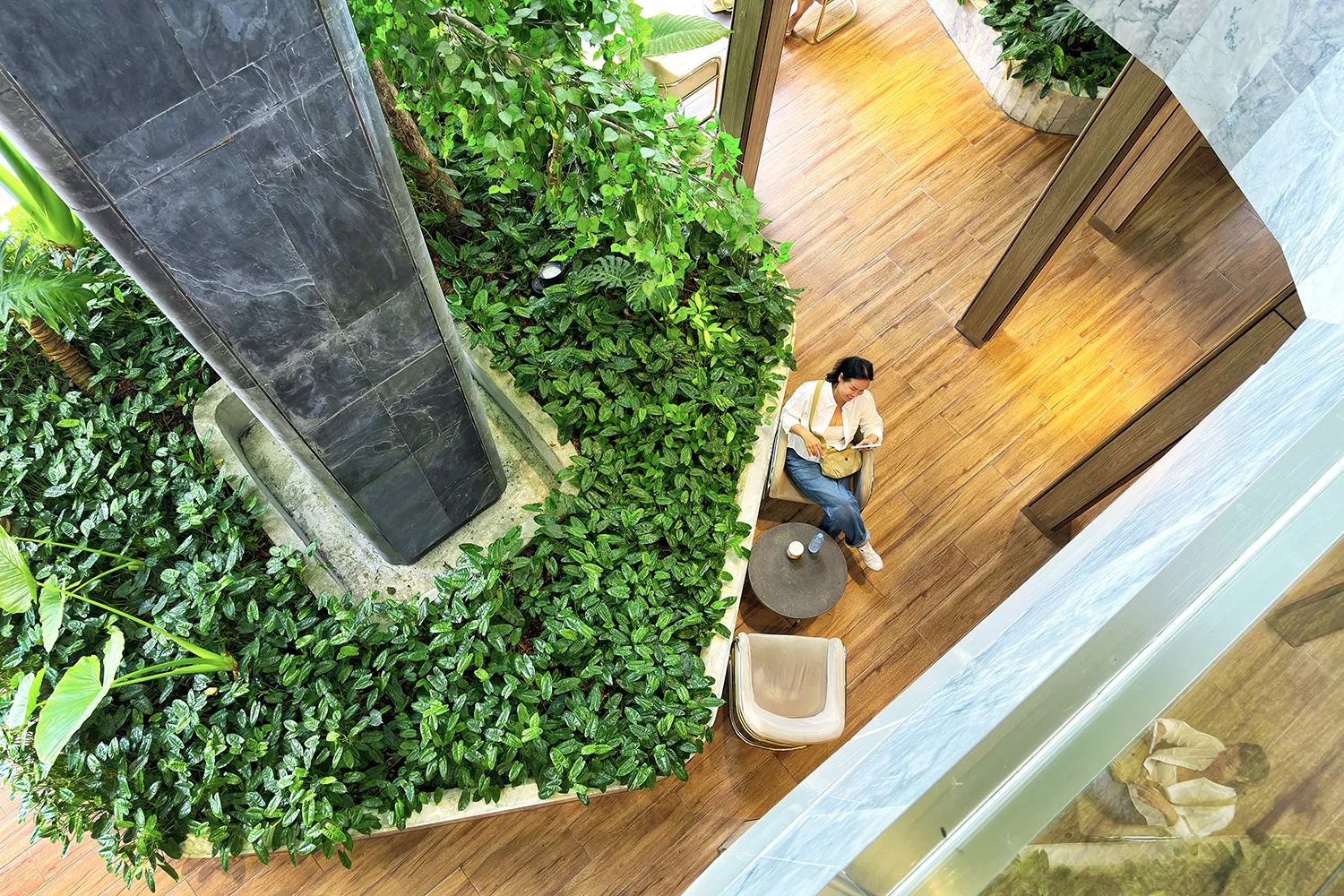 Biophilic design using large atrium plants transforms an empty Chicago commercial building space into a vibrant gathering area.