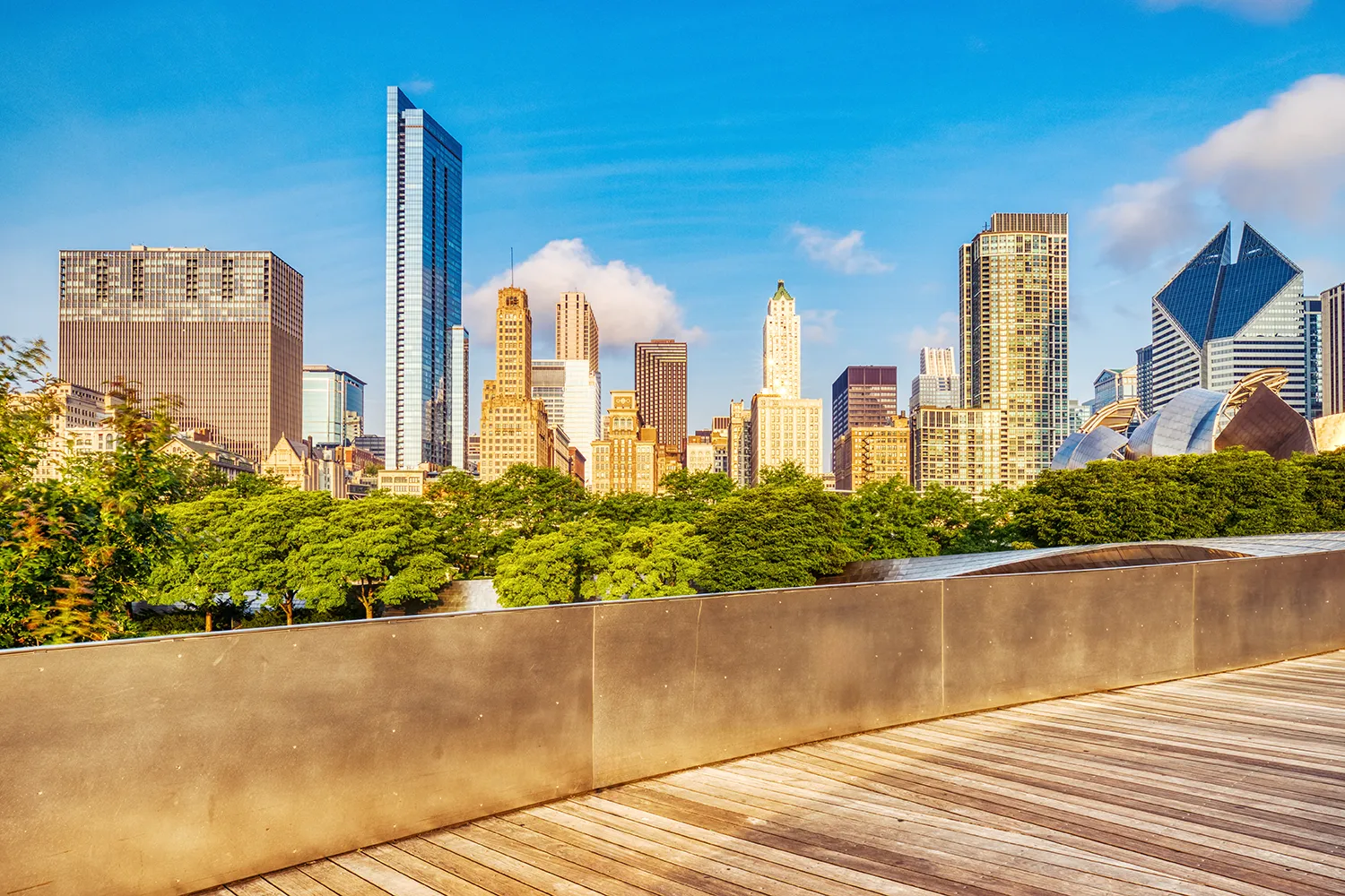 Commercial exterior planters defining a Chicago rooftop seating area