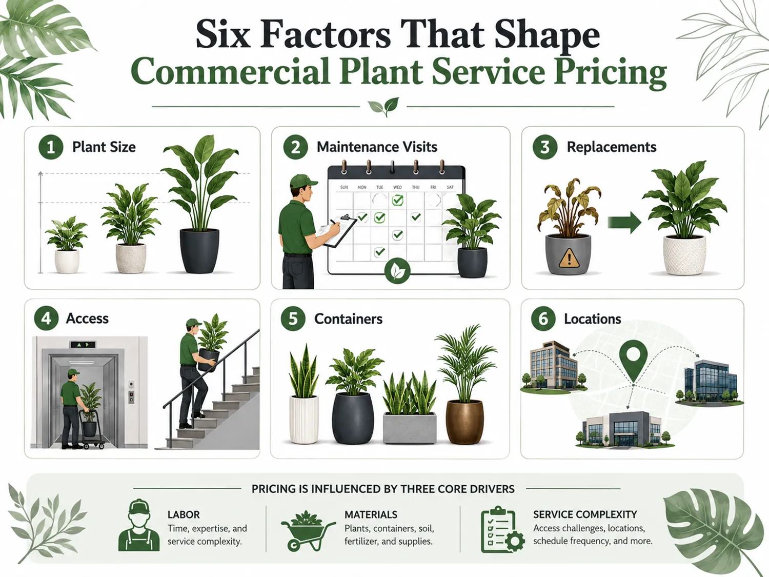 Commercial plant service pricing factors including plant size, maintenance visits, replacements, access, containers, and locations.