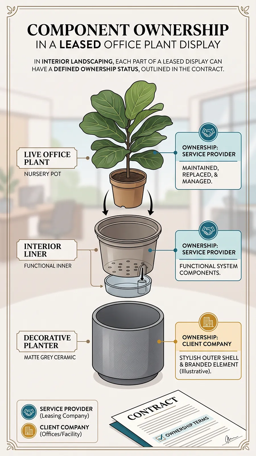 Understanding Office Plant Leasing Ownership Office plant leasing showing ownership of plants, containers, and liners