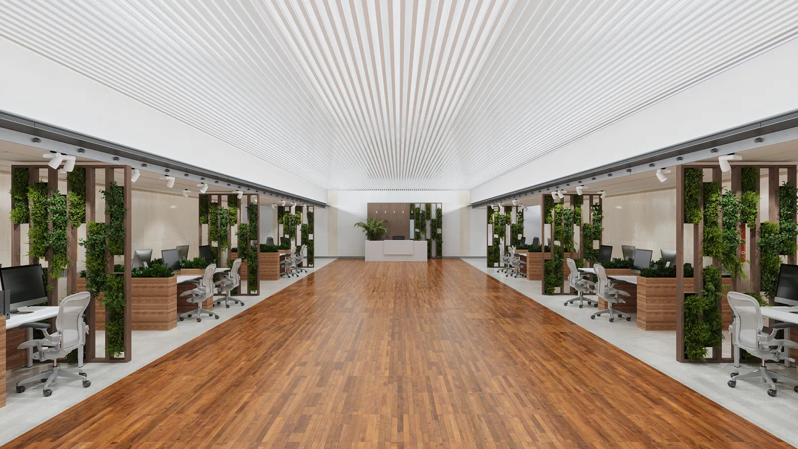 Modern commercial office interior with decorative greenery and an open corridor connecting work areas.