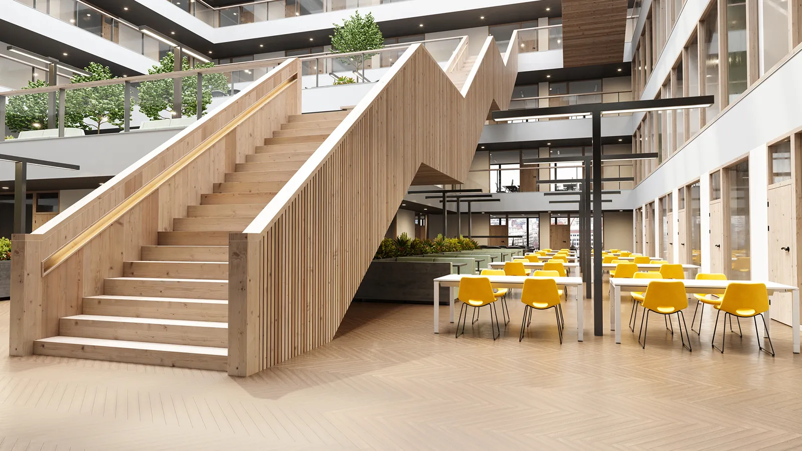 Contemporary office or library interior with indoor plants, a wooden staircase, and an open waiting area.