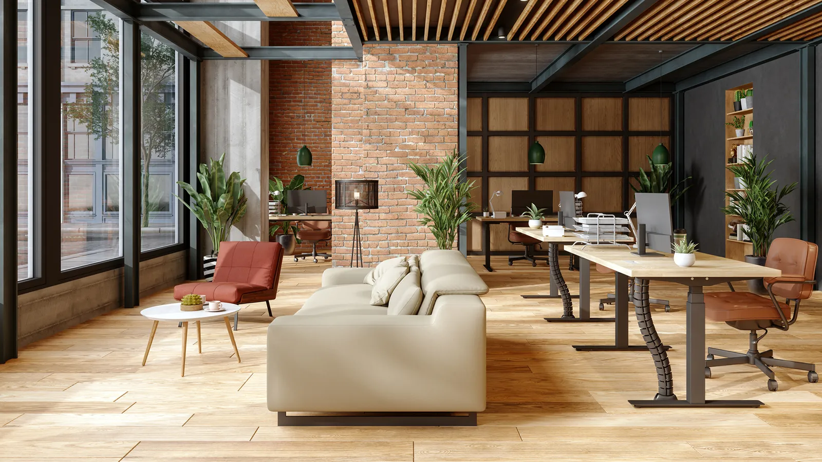 Modern commercial office waiting area featuring indoor plants, contemporary furnishings, and a brick accent wall.